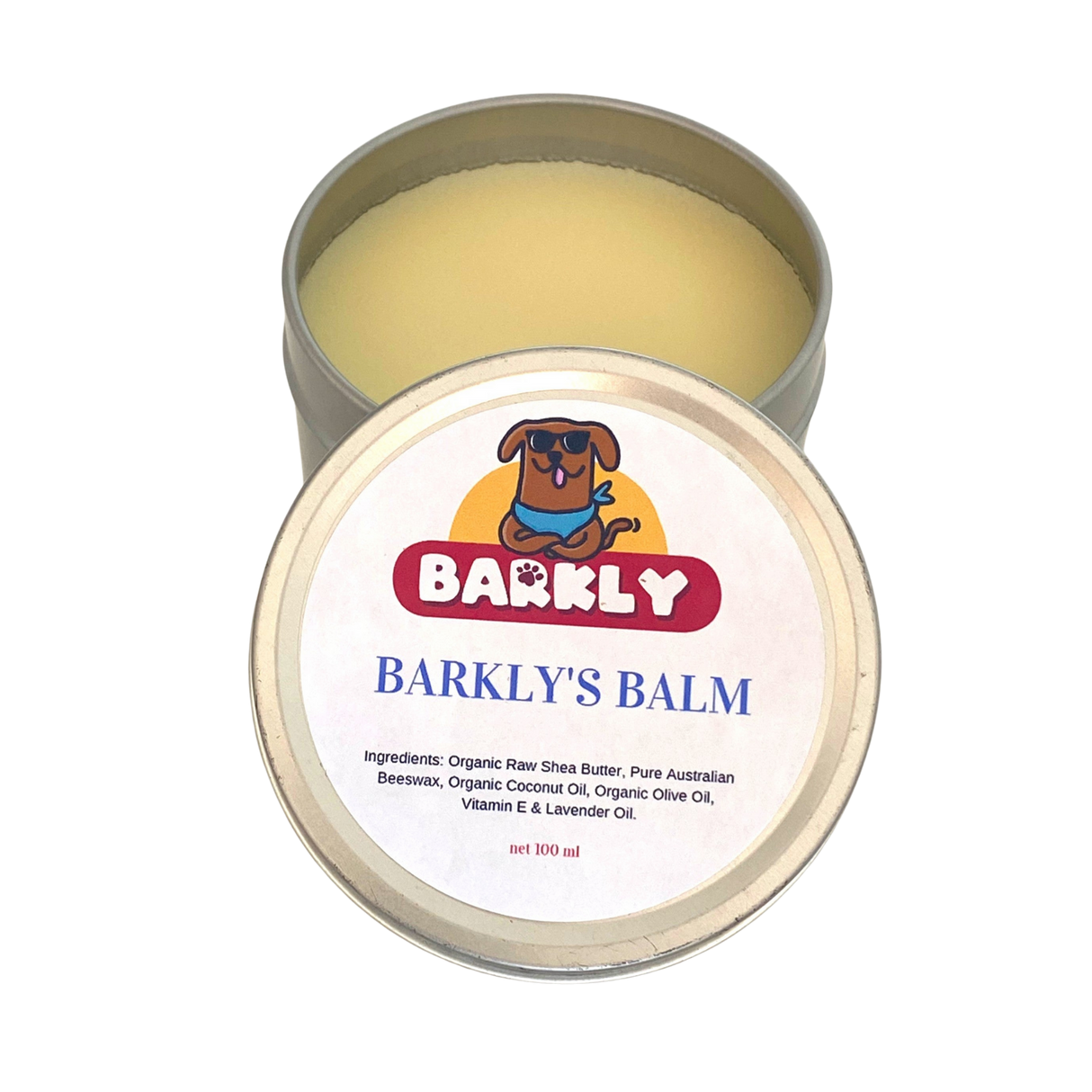 Open tin of Organic Dog Balm showing texture