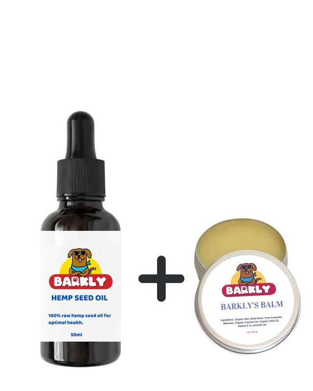 Image of Hemp Seed Oil: "Barkly Treats Hemp Seed Oil for Dogs - Natural, Nourishing, and Calming"

Image of Hemp Balm: "Barkly Treats Hemp Balm for Dogs - Soothing and Protective"

Image of Entire Hemp Seed Oil & Balm Bundle: "Barkly Treats Hemp Seed Oil & Balm Bundle - Natural Wellness and Calm for Dogs"